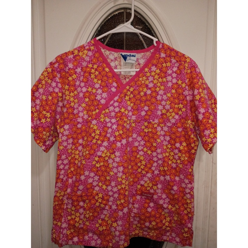 Landau Women's V-Neck Floral Scrub Top Size S Pink Orange Cotton Woven